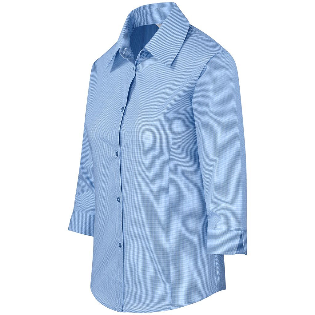 Ladies 3/4 Sleeve Micro Check Shirt - Light Blue