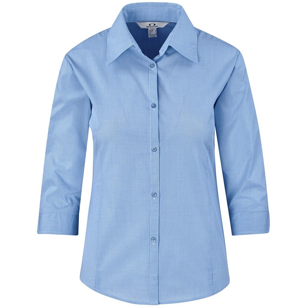 Ladies 3/4 Sleeve Micro Check Shirt - Light Blue